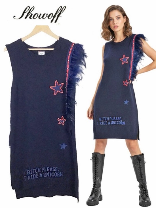 SHOWOFF Dresses & Skirts - SHOWOFF Navy Blue Knit Embellished Graphic Sleeveless Dress